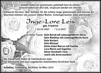 Traueranzeige von Inge-Lore Leis von Südthüringer Presse