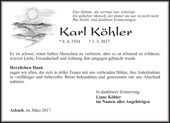 Traueranzeige von Karl Köhler von Südthüringer Presse