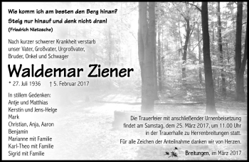 Traueranzeige von Waldemar Ziener von Südthüringer Presse