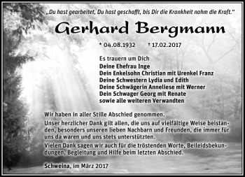Traueranzeige von Gerhard Bergmann von Südthüringer Presse