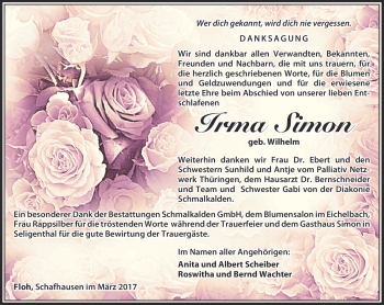 Traueranzeige von Irma Simon von Südthüringer Presse