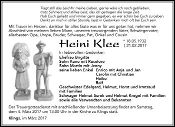 Traueranzeige von Heini Klee von Südthüringer Presse
