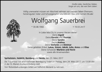 Traueranzeige von Wolfgang Sauerbrei von Neue Presse Coburg