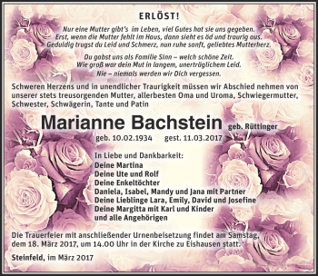 Traueranzeige von Marianne Bachstein von Südthüringer Presse