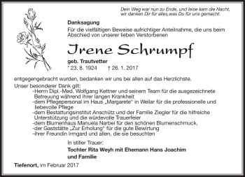 Traueranzeige von Irene Schrumpf von Südthüringer Presse