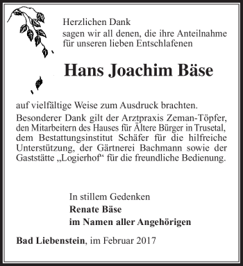 Traueranzeige von Hans Joachim Bäse von Südthüringer Presse