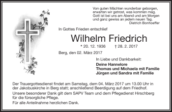 Traueranzeige von Wilhelm Friedrich von Frankenpost