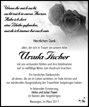 Traueranzeige von Ursula Fischer von Südthüringer Presse