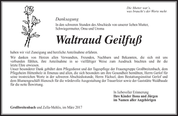 Traueranzeige von Waltraud Geilfruß von Südthüringer Presse