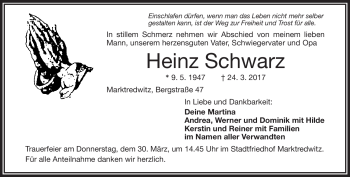 Traueranzeige von Heinz Schwarz von Frankenpost