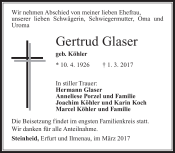 Traueranzeige von Gertrud Glaser von Südthüringer Presse
