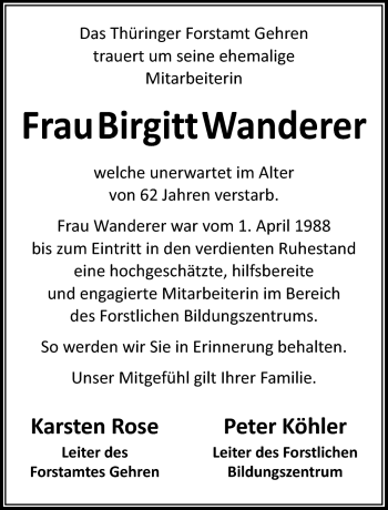 Traueranzeige von Birgit Wanderer von Südthüringer Presse