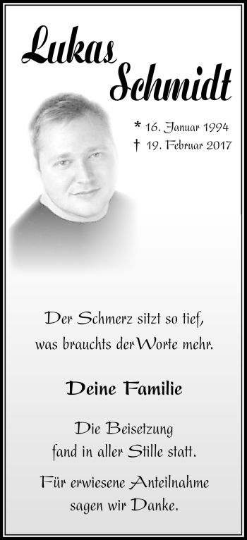 Traueranzeige von Lukas Schmidt von Frankenpost