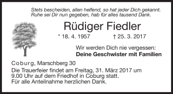 Traueranzeige von Rüdiger Fiedler von Neue Presse Coburg