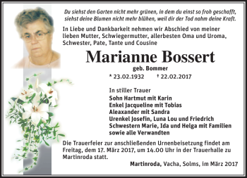 Traueranzeige von Marianne Bossert von Südthüringer Presse