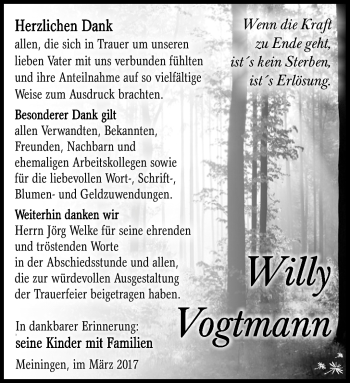 Traueranzeige von Willy Vogtmann von Südthüringer Presse