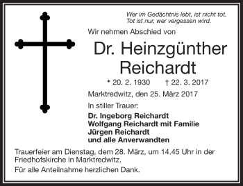 Traueranzeige von Reichardt Dr. Heinzgünther von Frankenpost