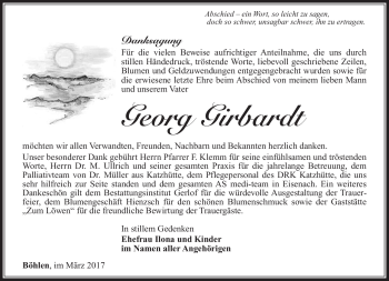 Traueranzeige von Georg Girbardt von Südthüringer Presse