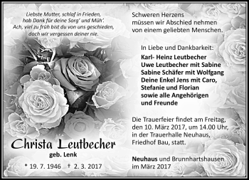 Traueranzeige von Christa Leutbecher von Südthüringer Presse