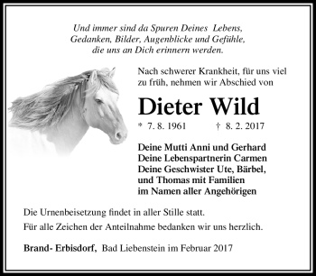Traueranzeige von Dieter Wild von Südthüringer Presse