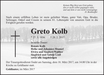 Traueranzeige von Greto Kolb von Südthüringer Presse