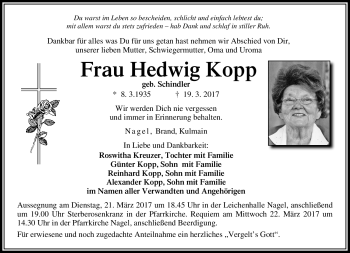 Traueranzeige von Hedwig Kopp von Frankenpost