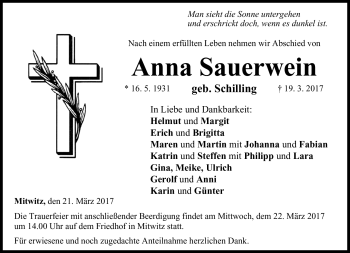 Traueranzeige von Anna Sauerwein von Neue Presse Coburg