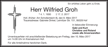 Traueranzeige von Wilfried Groh von Frankenpost
