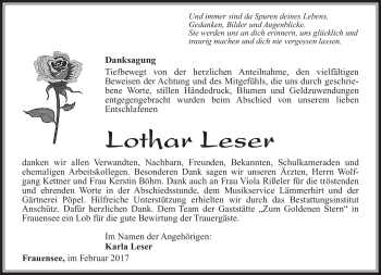 Traueranzeige von Lothar Leser von Südthüringer Presse