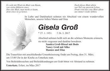 Traueranzeige von Gisela Groß von Südthüringer Presse