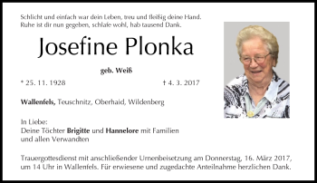 Traueranzeige von Josefine Plonka von Neue Presse Coburg