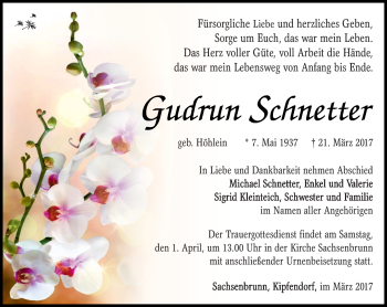 Traueranzeige von Gudrun Schnetter von Südthüringer Presse