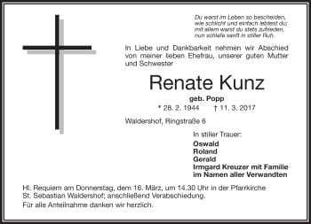 Traueranzeige von Renate Kunz von Frankenpost