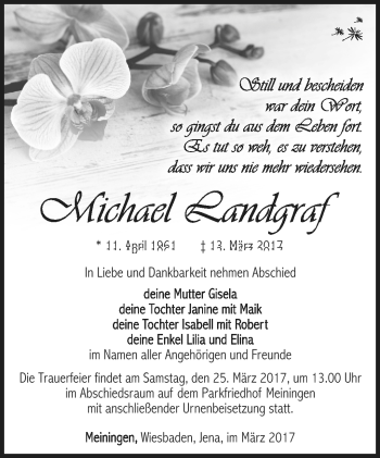Traueranzeige von Michael Landgraf von Südthüringer Presse