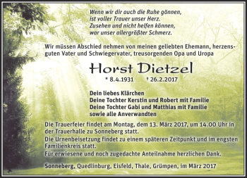 Traueranzeige von Horst Dietzel von Südthüringer Presse