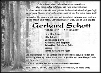 Traueranzeige von gerhard Schott von Südthüringer Presse