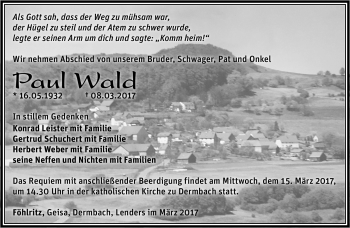 Traueranzeige von Paul Wald von Südthüringer Presse