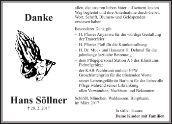 Traueranzeige von Hans Söllner von Frankenpost