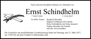 Traueranzeige von Ernst Schindhelm von Neue Presse Coburg
