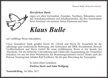 Traueranzeige von Klaus Bulle von Südthüringer Presse