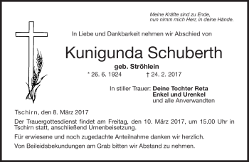Traueranzeige von Kunigunda Schuberth von Neue Presse Coburg