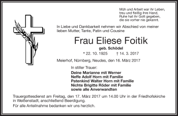 Traueranzeige von Eliese Foitik von Frankenpost