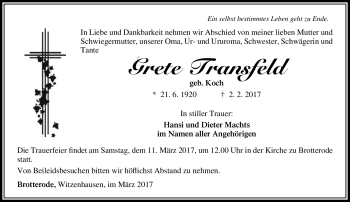 Traueranzeige von Grete Transfeld von Südthüringer Presse