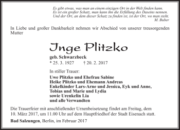 Traueranzeige von Inge Plitzko von Südthüringer Presse