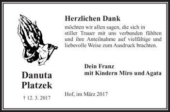 Traueranzeige von Danuta Platzek von Frankenpost
