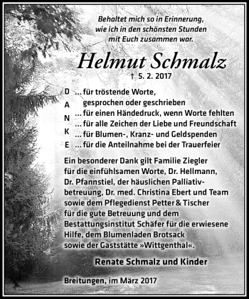 Traueranzeige von Helmut Schmalz von Südthüringer Presse