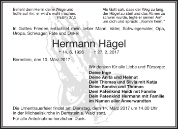 Traueranzeige von Hermann Hägel von Frankenpost