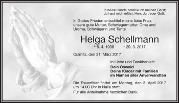 Traueranzeige von Helga Schellmann von Frankenpost