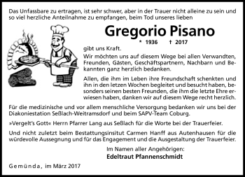 Traueranzeige von Gregorio Pisano von Neue Presse Coburg