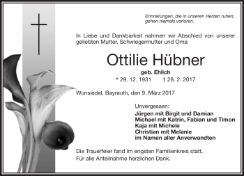 Traueranzeige von Ottilie Hübner von Frankenpost